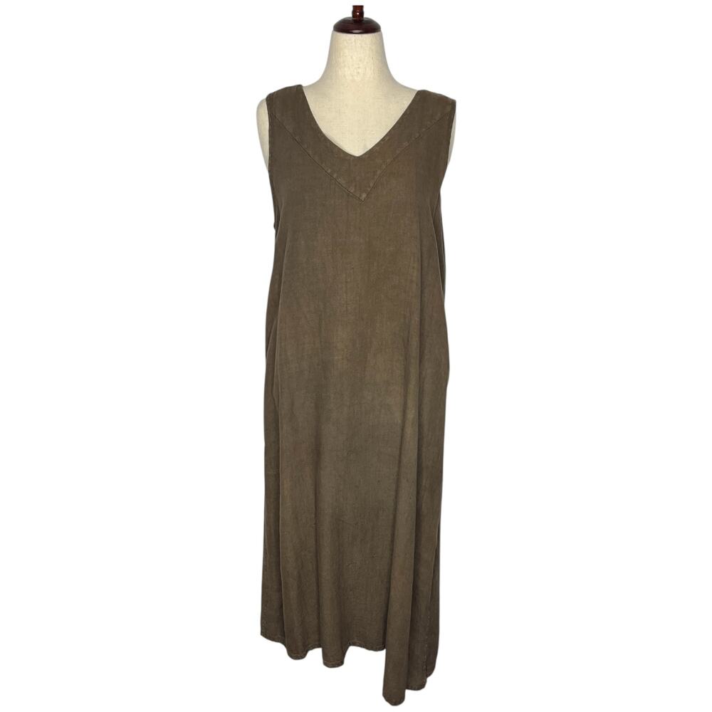 Cynthia Ashby Women's Linen Dress L Brown Midi Lagenlook Pinafore Sleeveless - Picture 3 of 9